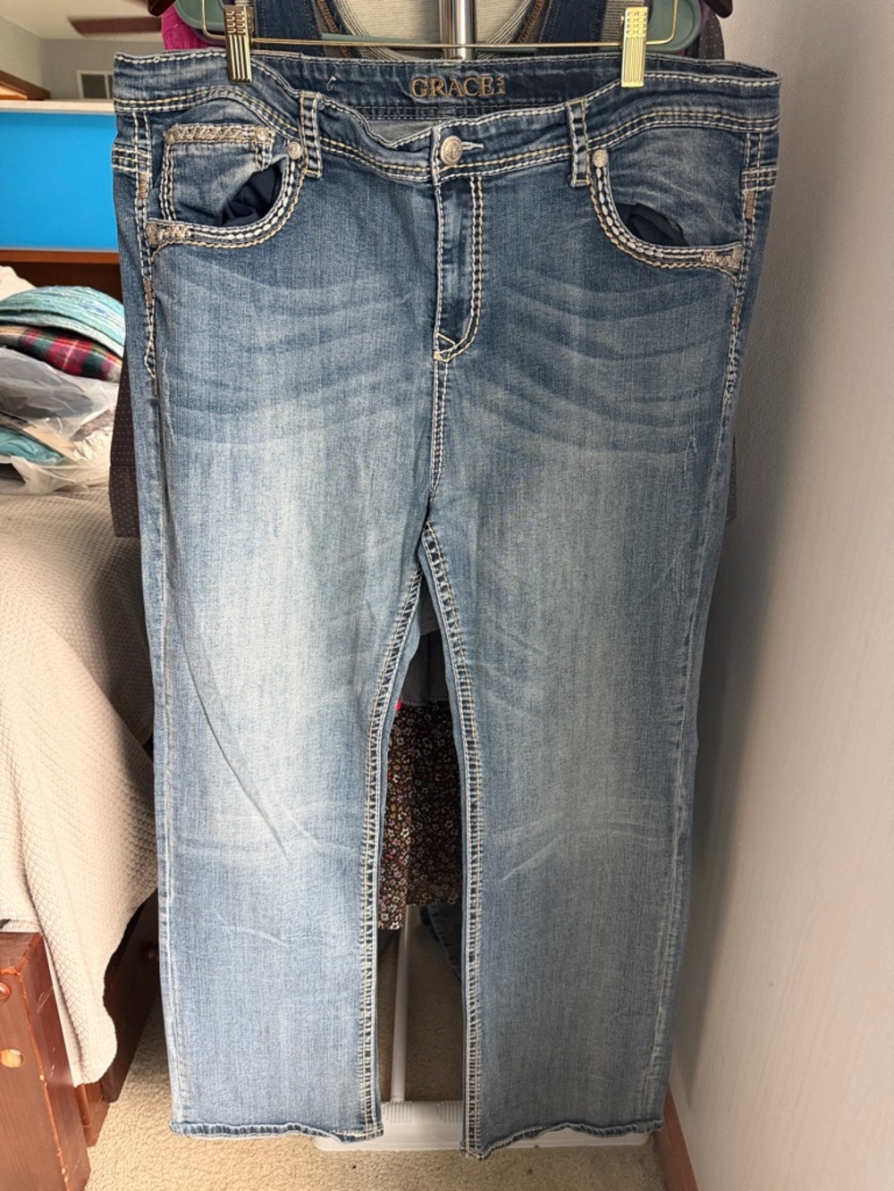 Grace Denim Jeans in Blue with Gold Embroidery
